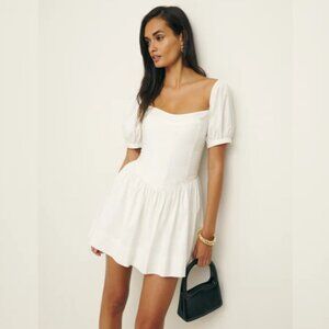 NWOT Reformation Calie Dress in White Mini Short Puff Sleeves Cotton Size 0